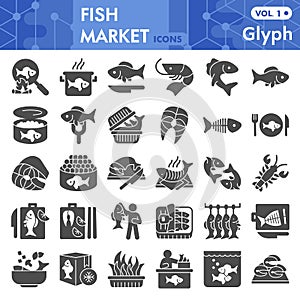 Fish market solid icon set, sea food symbols collection or sketches. Fishing industry glyph style signs for web and app