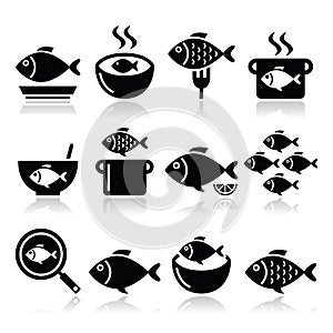 Fish meals icons - soup, chowder, goulash, fried fish