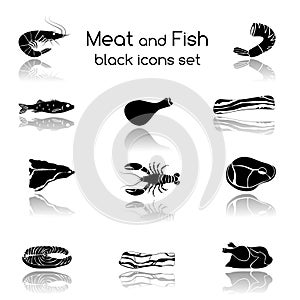 Fish and Meat Black Icons