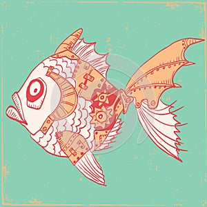 Fish with mechanical parts of body. Hand drawn steampunk illustr