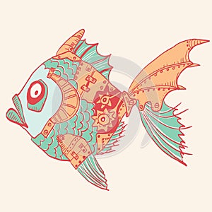 Fish with mechanical parts of body. Hand drawn steampunk illustr