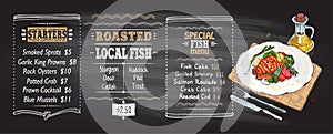 Fish menu chalkboard mockup with salmon steak on a plate