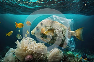 Fish and mutated fish in Sea polluted by junk and plastic bags. Generative ai illustration