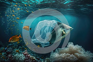 Fish and mutated fish in Sea polluted by junk and plastic bags. Generative ai illustration