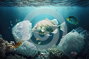 Fish and mutated fish in Sea polluted by junk and plastic bags. Generative ai illustration