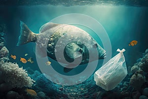 Fish and mutated fish in Sea polluted by junk and plastic bags. Generative ai illustration