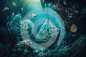 Fish and mutated fish in Sea polluted by junk and plastic bags. Generative ai illustration