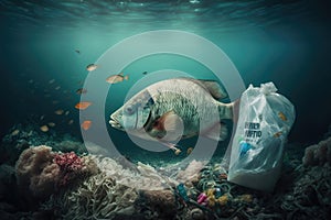 Fish and mutated fish in Sea polluted by junk and plastic bags. Generative ai illustration