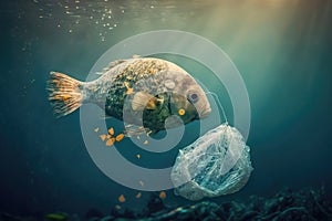 Fish and mutated fish in Sea polluted by junk and plastic bags. Generative ai illustration