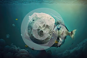 Fish and mutated fish in Sea polluted by junk and plastic bags. Generative ai illustration