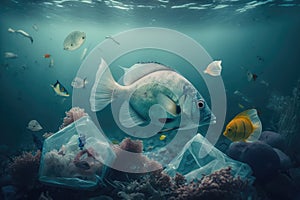 Fish and mutated fish in Sea polluted by junk and plastic bags. Generative ai illustration