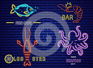 Fish neon Vector icons set. Lobster, octopus and prawns symbol templates