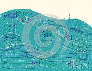 Fish in the ocean,  decorative fabric application  Illustration of grunge style postcards, embroidery