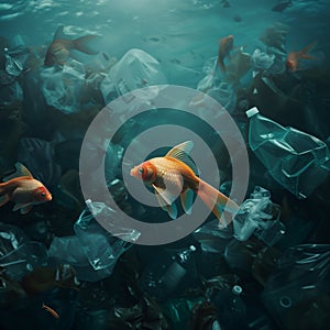 Fish in the ocean with plastic trash.