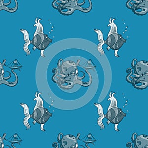 Fish and octopus seamless pattern