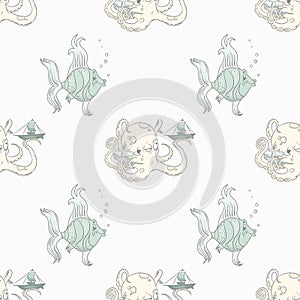 Fish and octopus seamless pattern