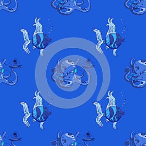 Fish and octopus seamless pattern