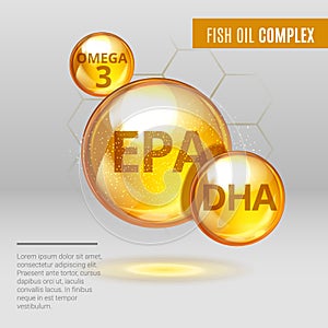 Fish oil ads template, Vitamin Omega-3 Fatty Acids EPA, DHA gold shining pill capsule icon. Chemical formula .Shining photo