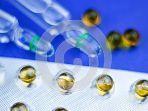 Fish oil capsules in blister packs and ampoules with injectable