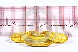 Fish oil capsules and ECG on white background.