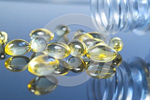 Fish oil capsules in a glass bottle