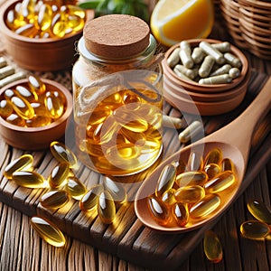 Fish oil capsules with omega 3 and vitamin D in a glass bottle on wooden texture
