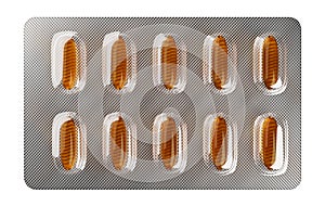 Fish oil capsules in pill blister pack isolated on white background, fish oil is a omega-3 supplement containing EPA and DHA, flat