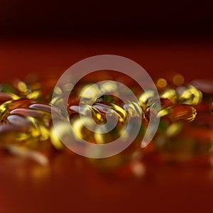 fish oil capsules on a red background close-up with a small roughness of sharpness