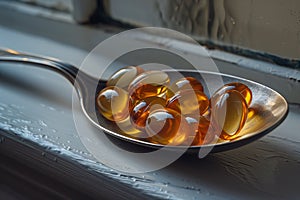 Fish oil capsules in a spoon