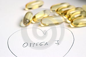 Fish oil in capsules on white background. Omega 3. Healthy capsules