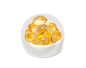 Fish oil capsules in white cap isolated on white background