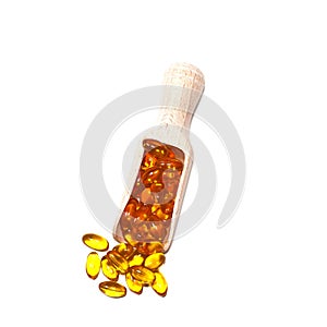 Fish oil capsules in wooden spoon
