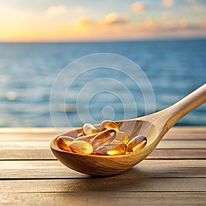 Fish oil capsules on a wooden spoon placed