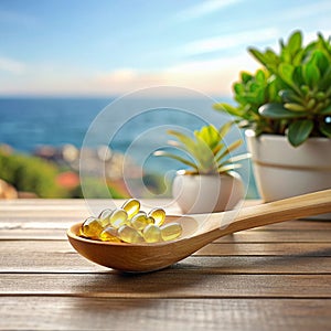 Fish oil capsules on a wooden spoon placed