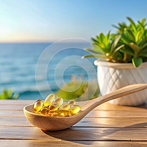 Fish oil capsules on a wooden spoon placed