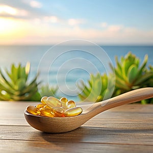 Fish oil capsules on a wooden spoon placed