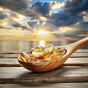 Fish oil capsules on a wooden spoon placed