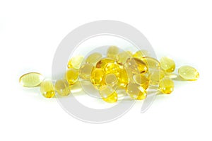 Fish oil, evening primrose, omega 3, omega 6, omega 9, vitamin D, vitamin A Food supplement capsules, softgels close up