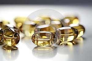 Fish oil gel capsules, omega-3. Nutritional medical supplement