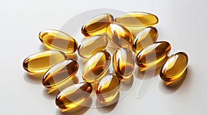 Fish oil omega 3 gel capsules on light background. Selective focus.