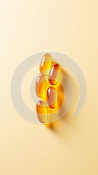 Fish oil omega 3 gel capsules on light background. Selective focus.