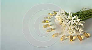 Fish oil omega 3 gel capsules on white background with a bouquet of spring flowers. Vitamins