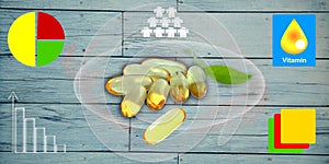 Fish oil omega 3 gel capsules on wooden background.