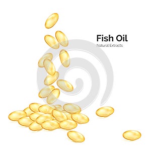 Fish oil omega 3. Transparent capsules with nutrition supplement. Fallen pills yellow color. Vector illustration isolated on white