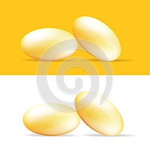 Fish oil supplement capsule set isolated on white background. Omega 3 oil pills. Golden vitamin pilule and tablets