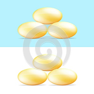Fish oil supplement capsule set isolated on white background. Omega 3 oil pills. Golden vitamin pilule and tablets
