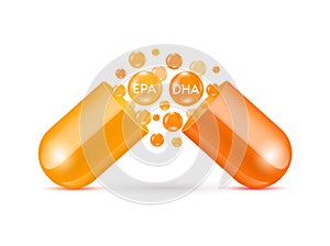 Fish oil vitamin and omega 3 DHA EPA golden orange in capsule