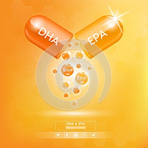 Fish oil vitamin and omega 3 DHA EPA golden orange in capsule