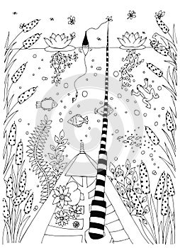 Fish, ornamental graphic fish, floral line pattern. Vector. Zentangle.