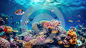Fish over a coral reef in the sea